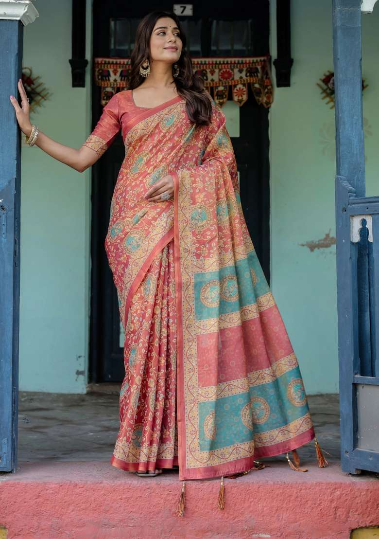 Red Printed Cotton Saree Set - Indya