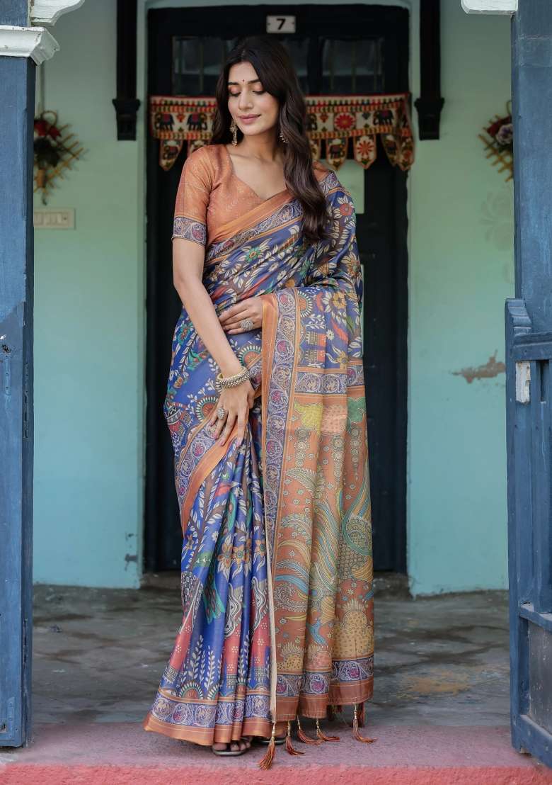 Blue Printed Cotton Saree Set - Indya