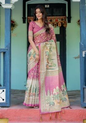 Magenta Printed Cotton Saree Set