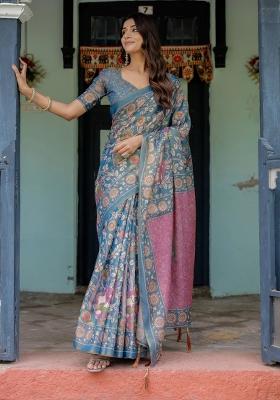 Blue Printed Cotton Saree Set