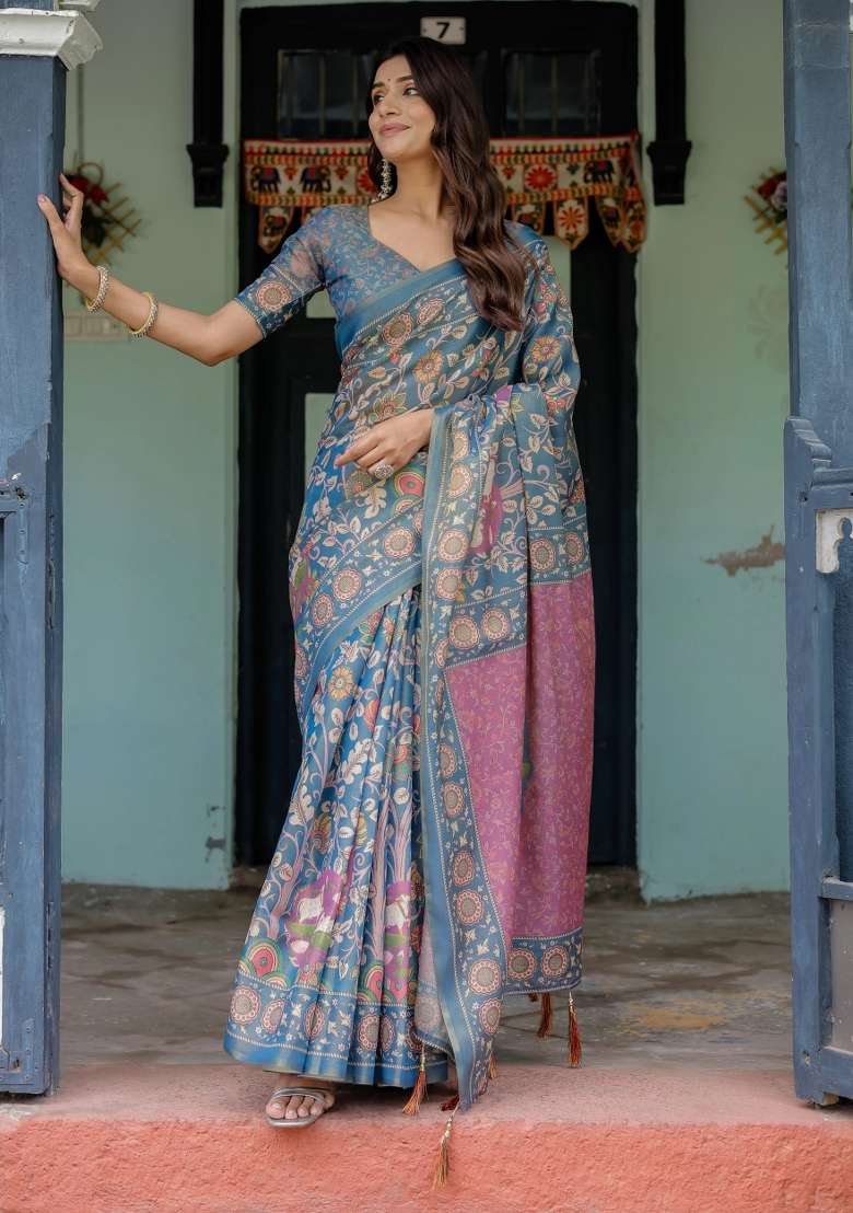Blue Printed Cotton Saree Set - Indya