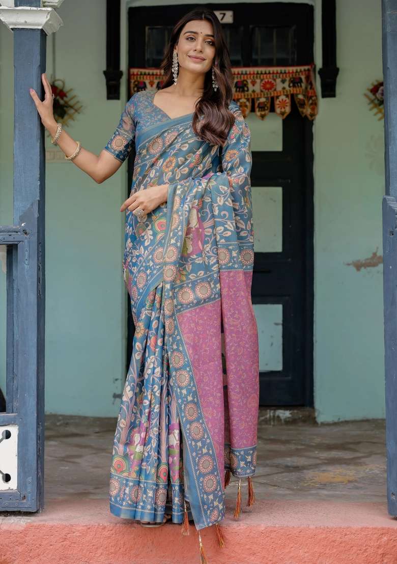 Blue Printed Cotton Saree Set - Indya
