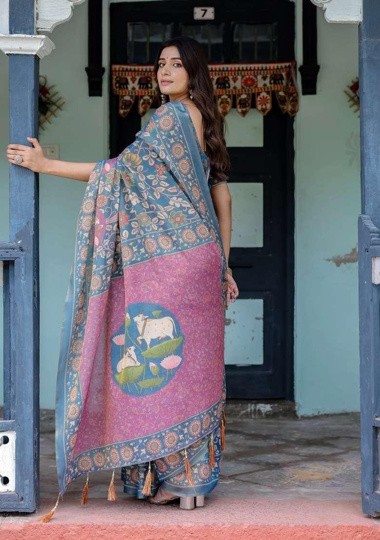 Blue Printed Cotton Saree Set - Indya