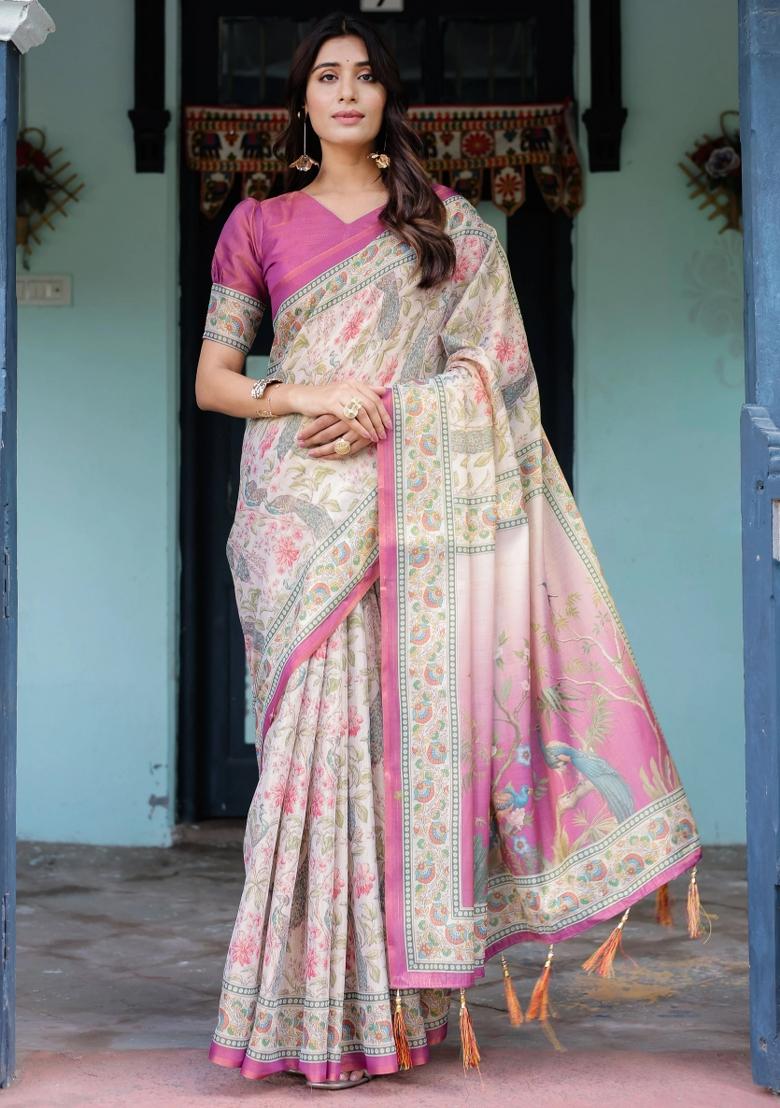 Lavender Printed Cotton Saree Set