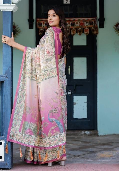 Lavender Printed Cotton Saree Set