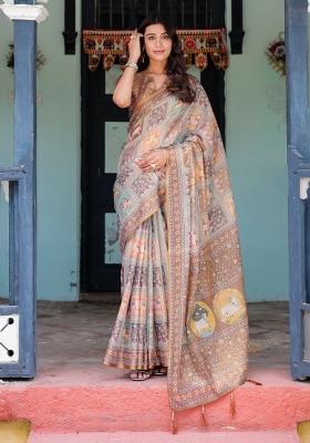 Coffee Printed Cotton Saree Set