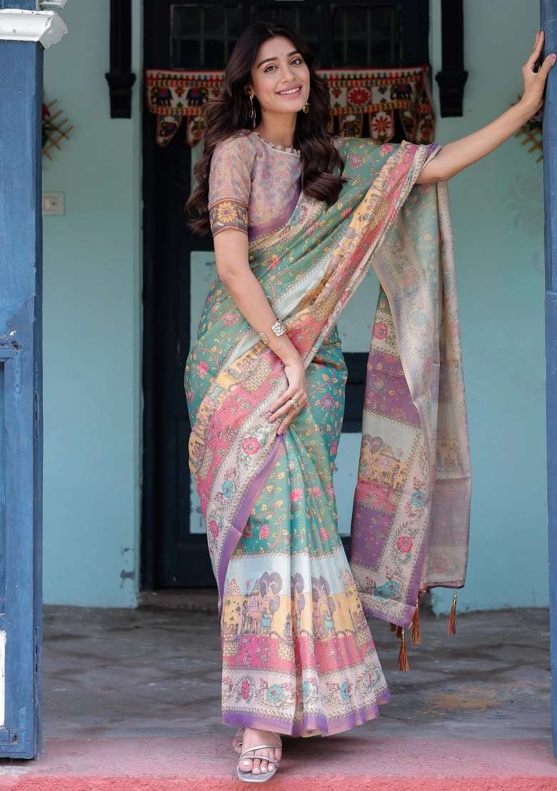 Green Printed Cotton Saree Set - Indya