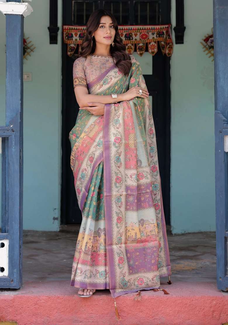 Green Printed Cotton Saree Set - Indya