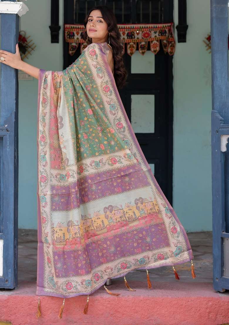 Green Printed Cotton Saree Set - Indya