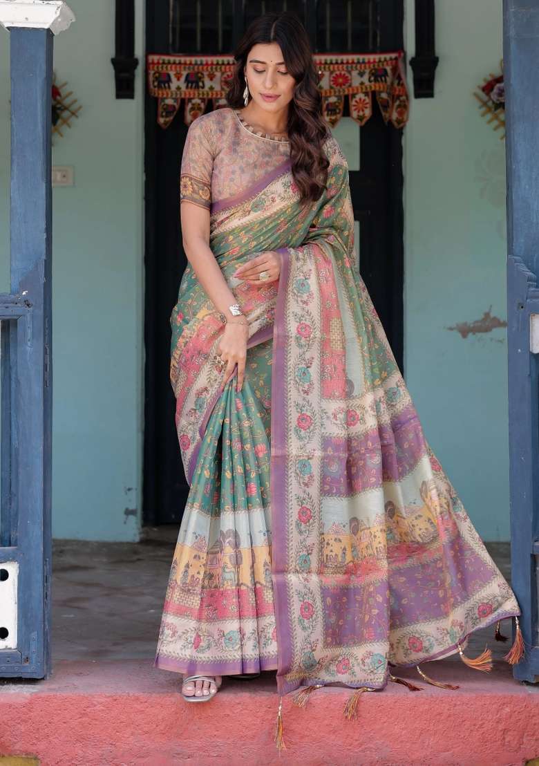 Green Printed Cotton Saree Set - Indya