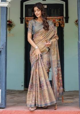 Rust Printed Cotton Saree Set