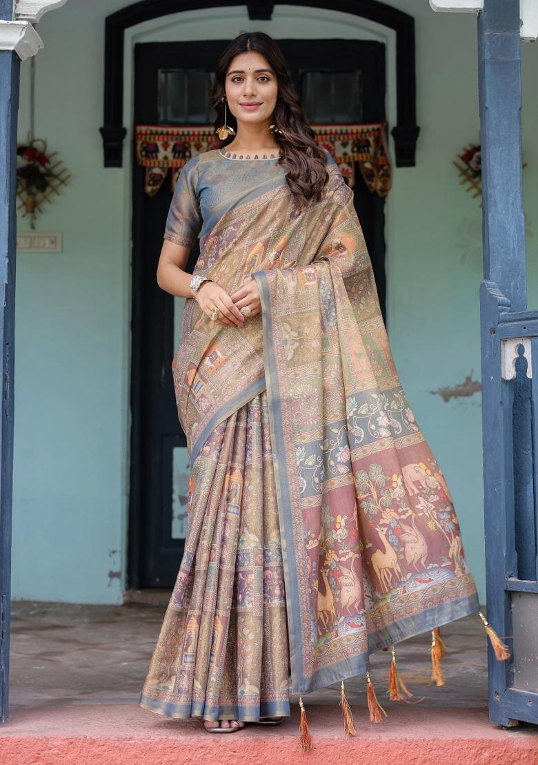 Rust Printed Cotton Saree Set