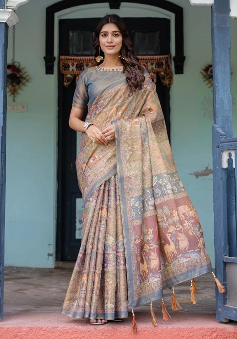 Rust Printed Cotton Saree Set