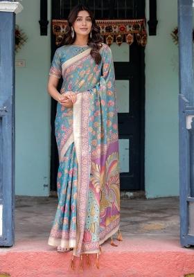 Aqua Printed Cotton Saree Set