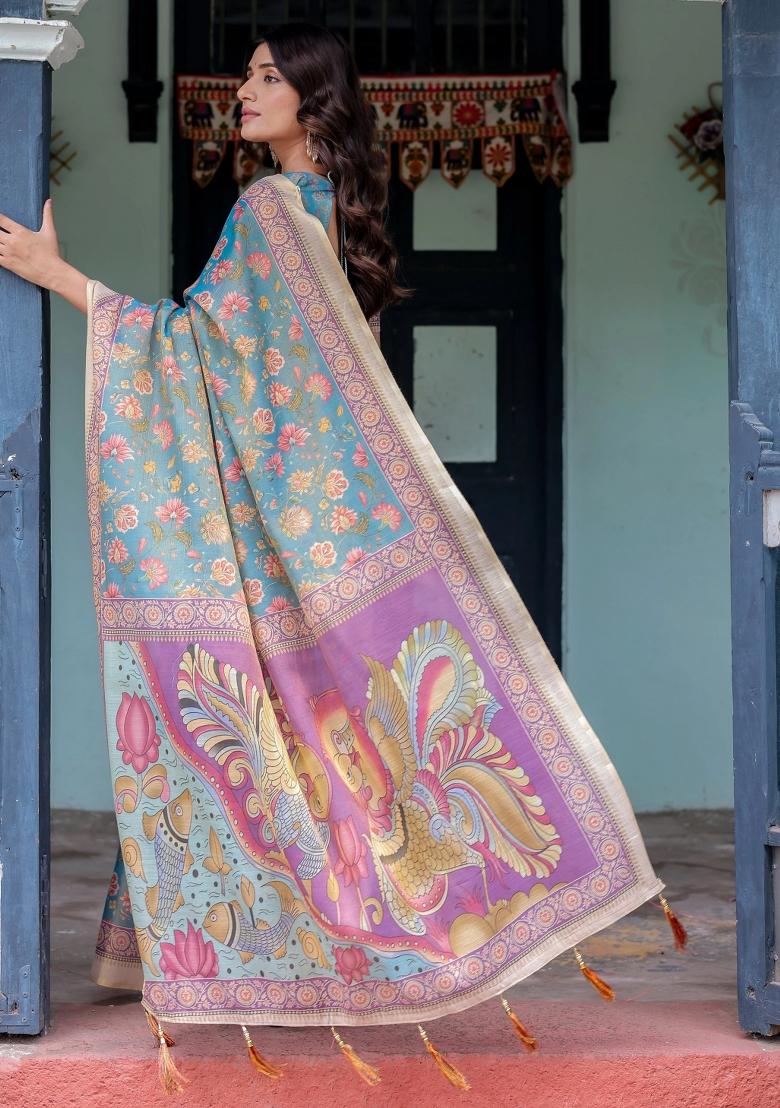 Aqua Printed Cotton Saree Set