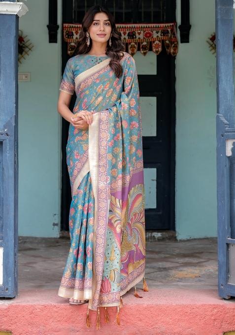 Aqua Printed Cotton Saree Set