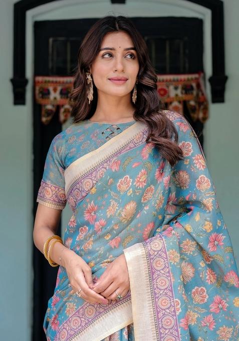 Aqua Printed Cotton Saree Set