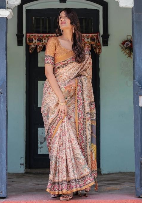 Beige Printed Cotton Saree Set