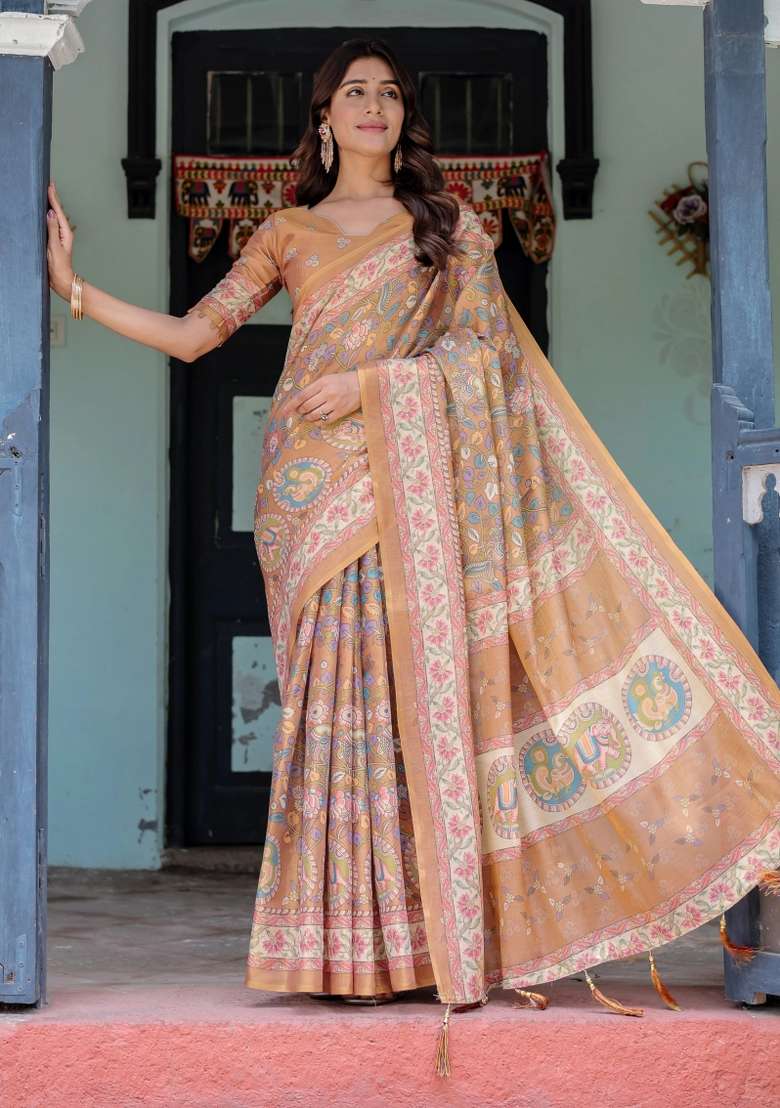 Peach Printed Cotton Saree Set - Indya