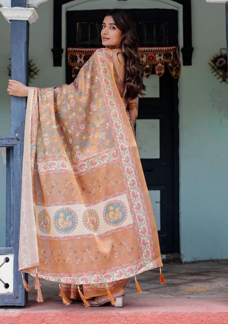 Peach Printed Cotton Saree Set - Indya