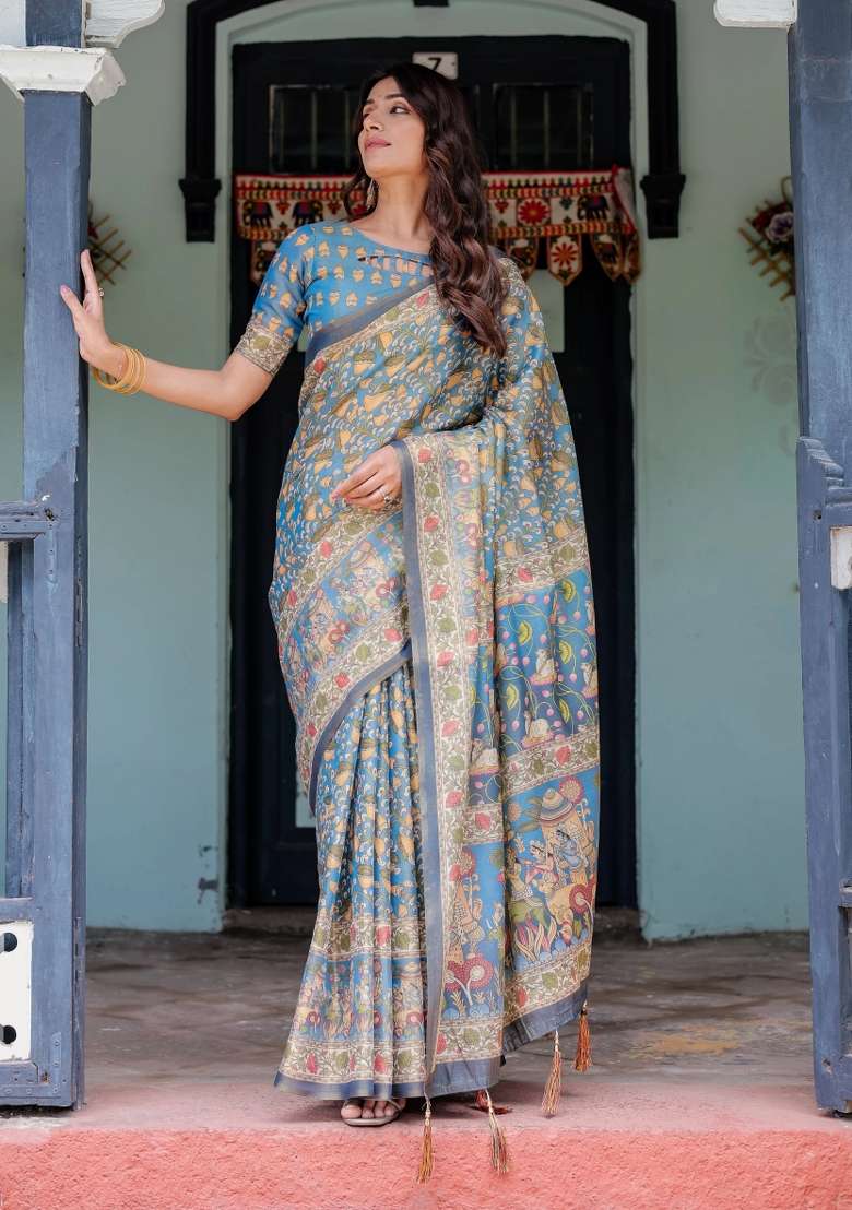 Blue Printed Cotton Saree Set - Indya