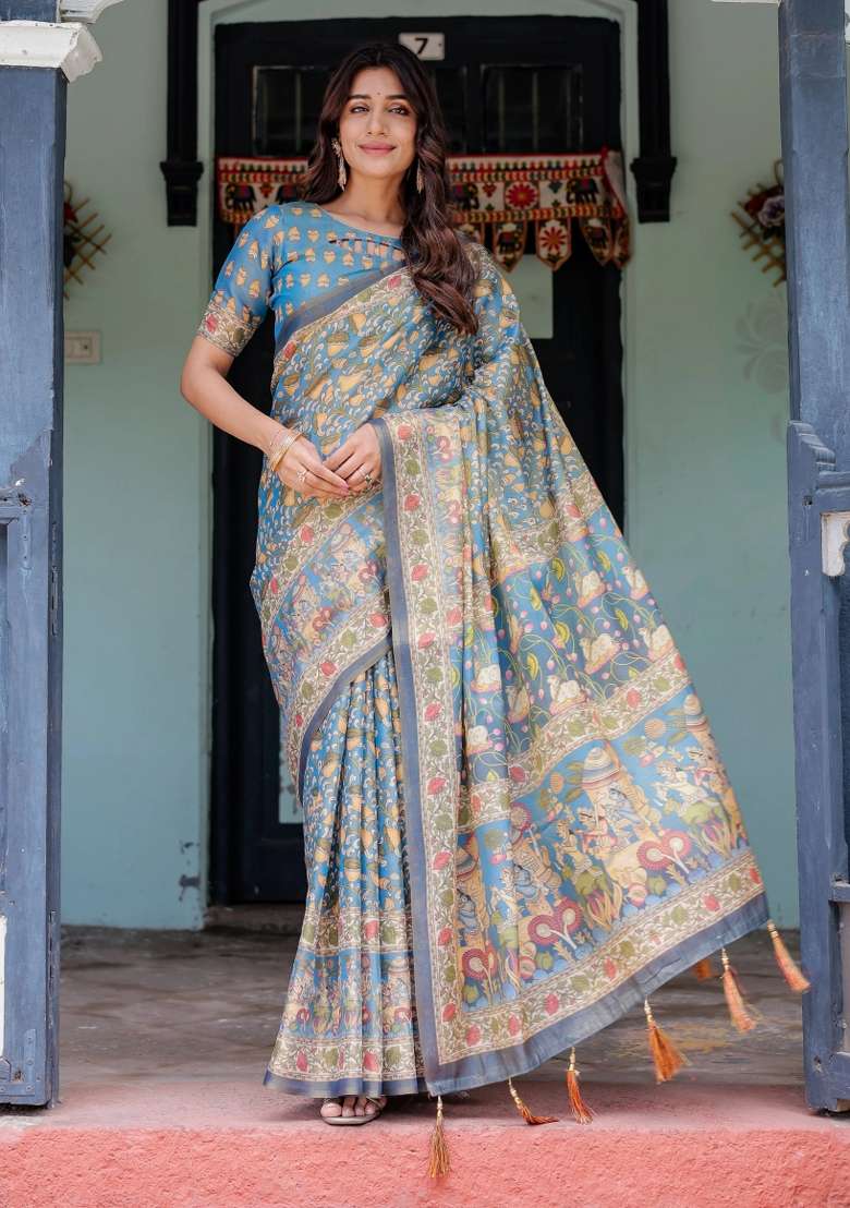 Blue Printed Cotton Saree Set - Indya