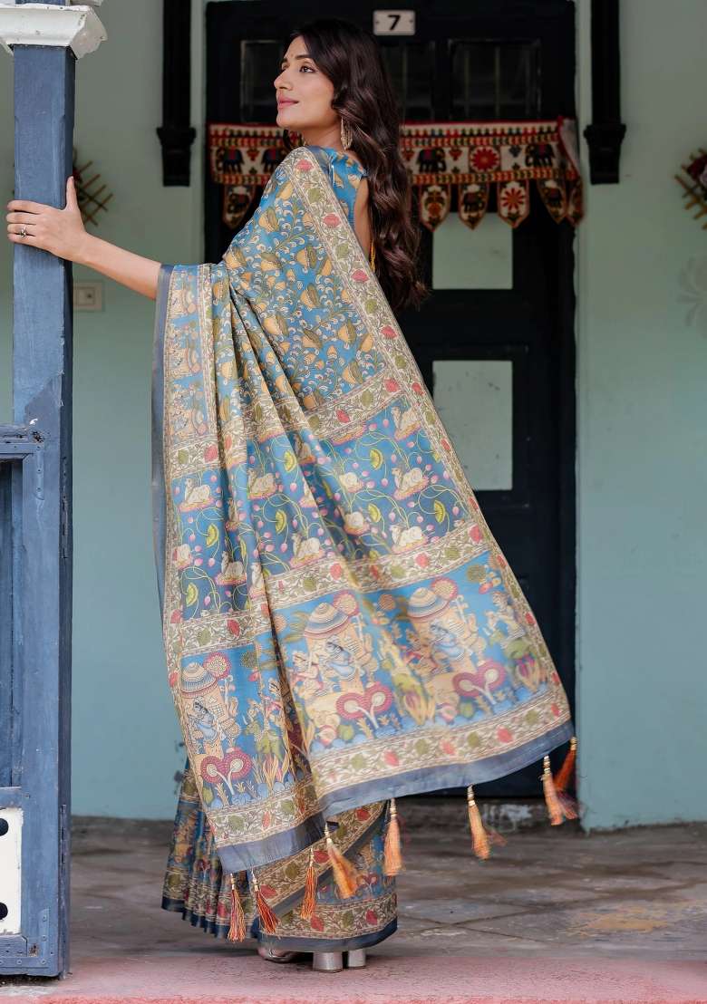 Blue Printed Cotton Saree Set - Indya