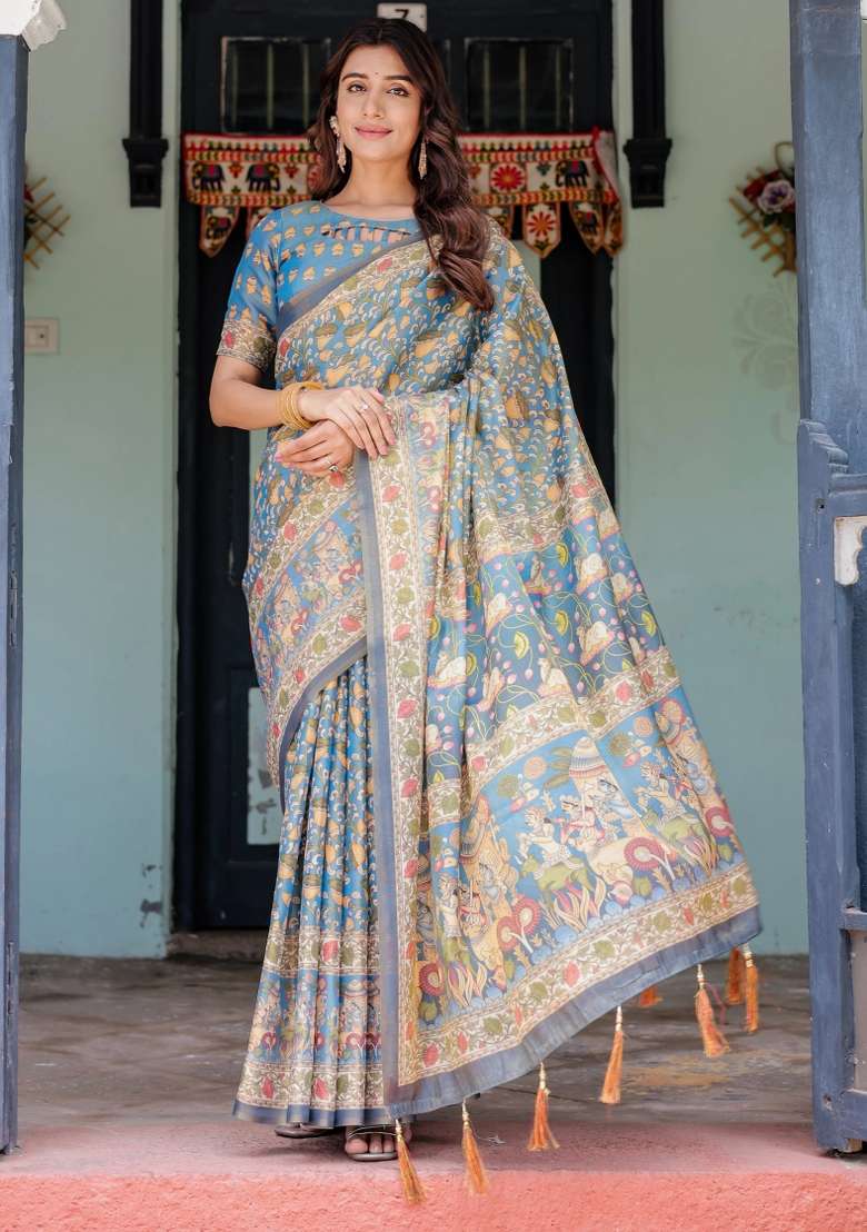 Blue Printed Cotton Saree Set - Indya