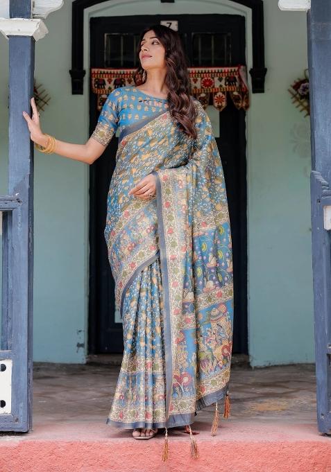 Blue Printed Cotton Saree Set