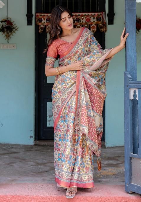 Rust Printed Cotton Saree Set