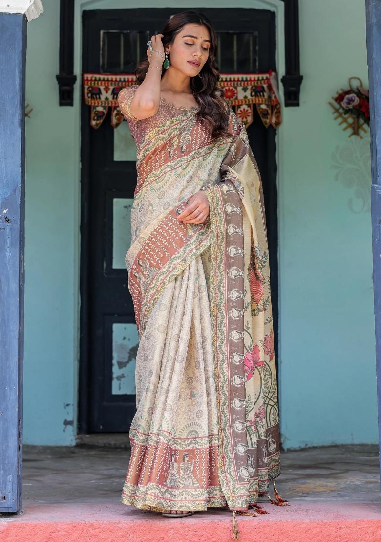 Ivory Printed Cotton Saree Set