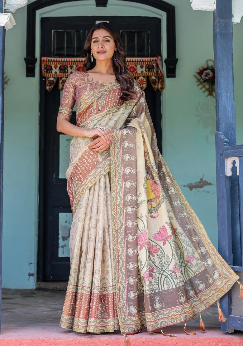 Ivory Printed Cotton Saree Set