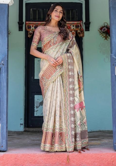 Ivory Printed Cotton Saree Set