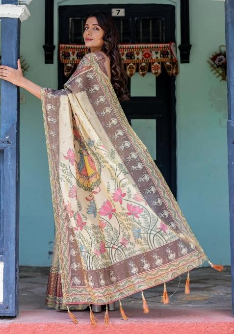 Ivory Printed Cotton Saree Set