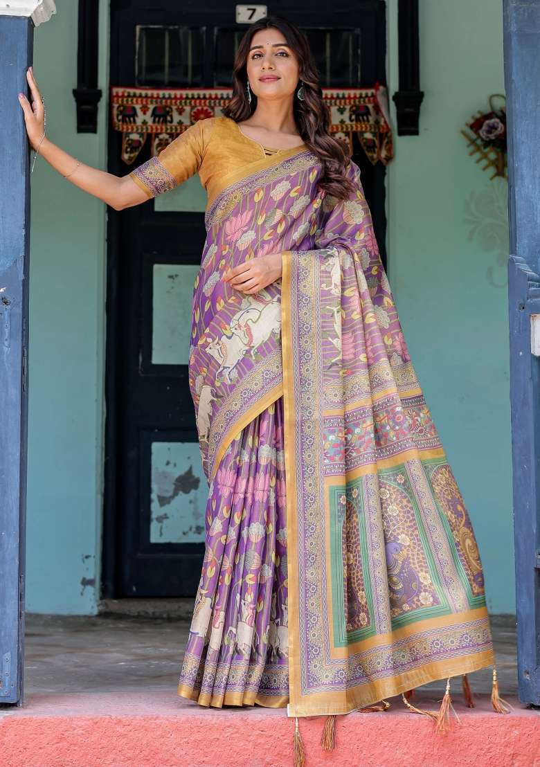 Blue Printed Cotton Saree Set - Indya