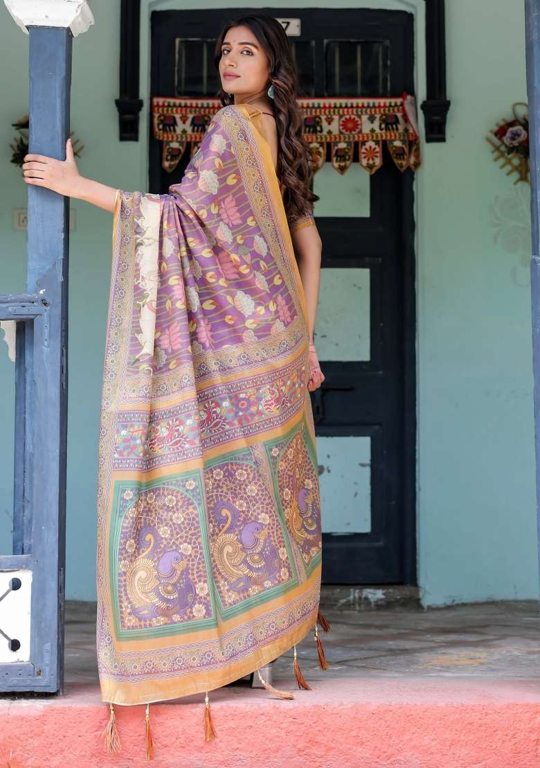Blue Printed Cotton Saree Set - Indya