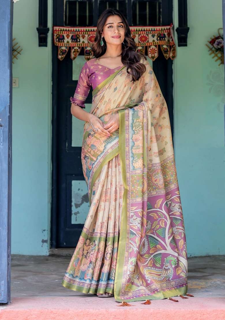 Ivory Printed Cotton Saree Set - Indya