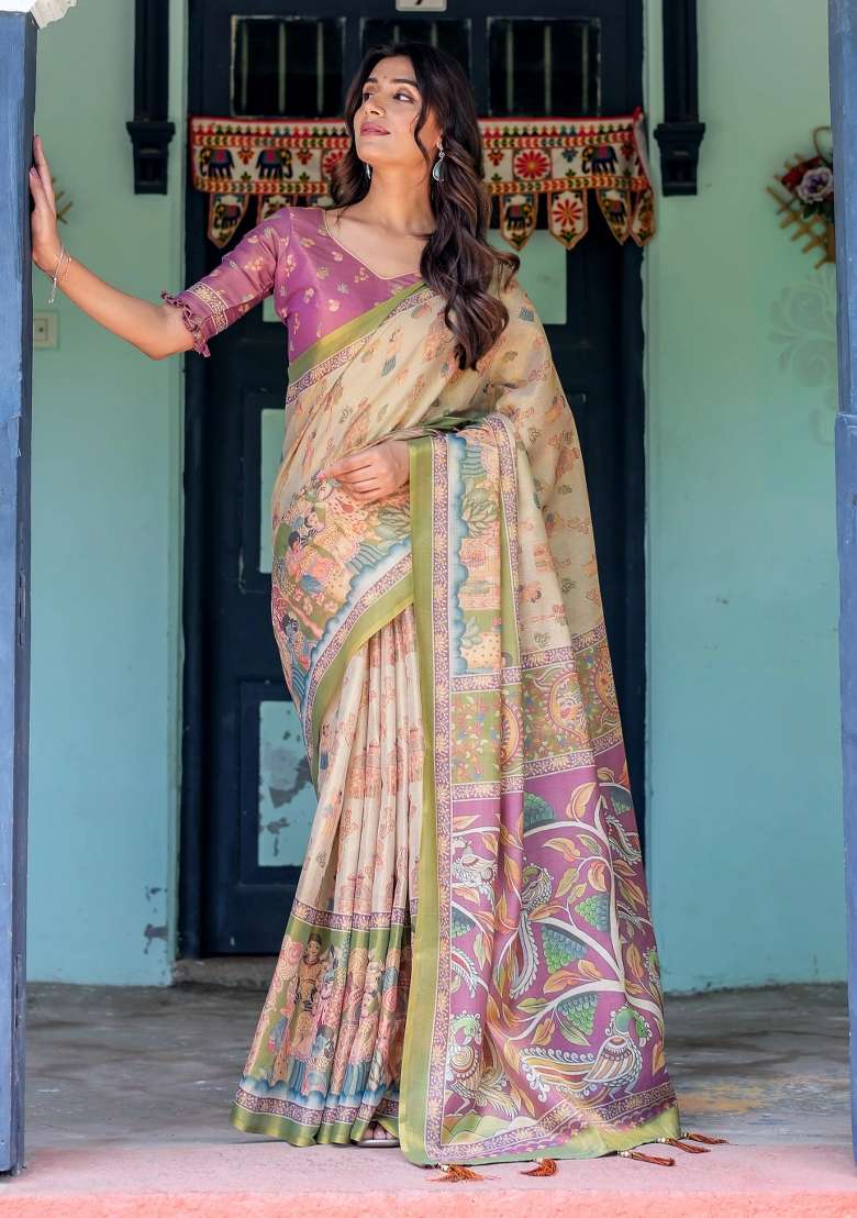 Ivory Printed Cotton Saree Set - Indya