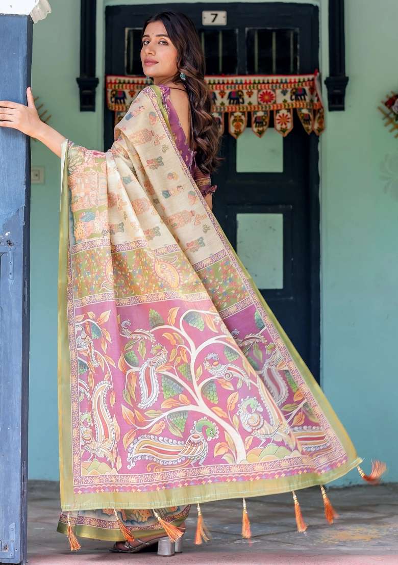 Ivory Printed Cotton Saree Set - Indya