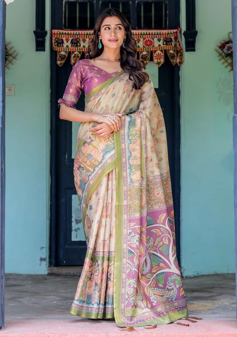 Ivory Printed Cotton Saree Set - Indya