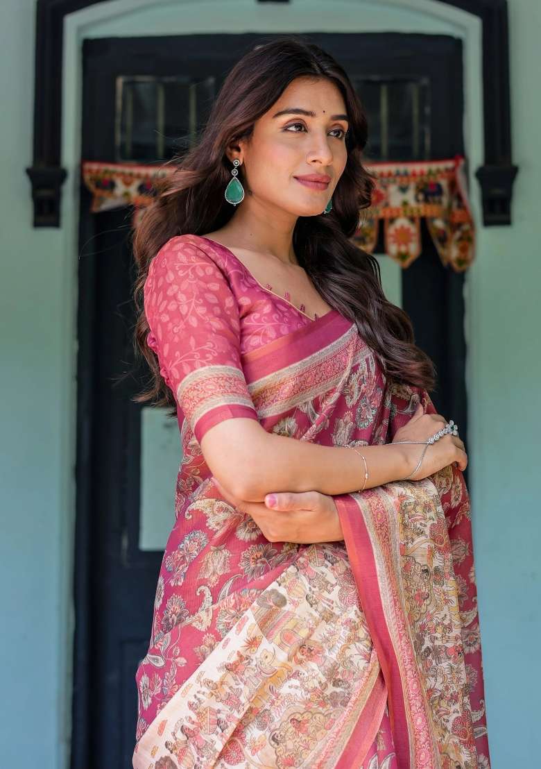 Maroon Printed Cotton Saree Set - Indya