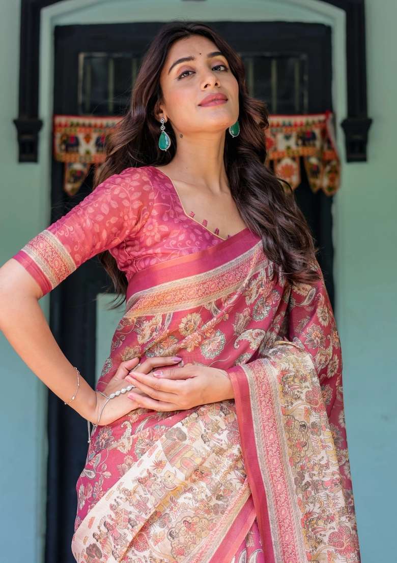 Maroon Printed Cotton Saree Set - Indya