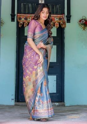 Sky Printed Cotton Saree Set