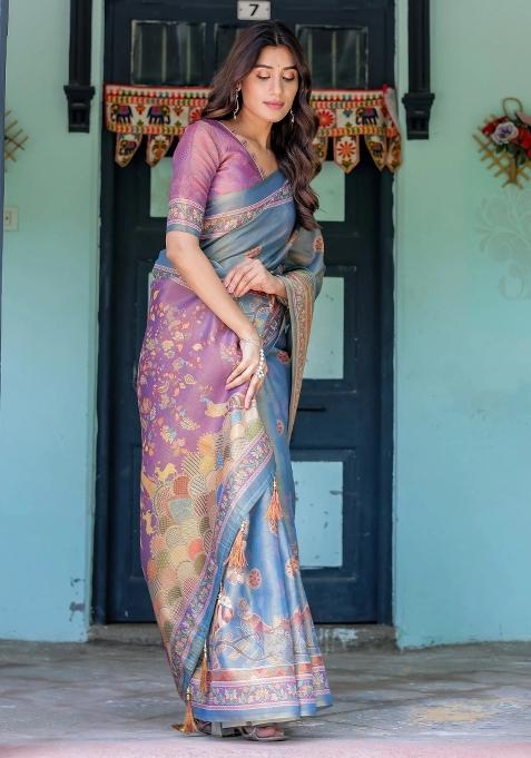 Sky Printed Cotton Saree Set