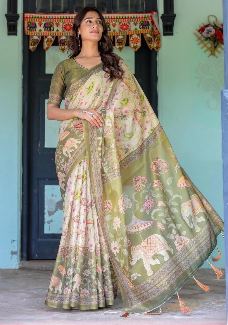 Olive Printed Cotton Saree Set - Indya