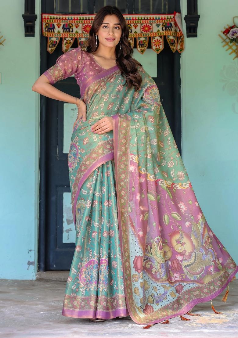 Aqua Printed Cotton Saree Set - Indya