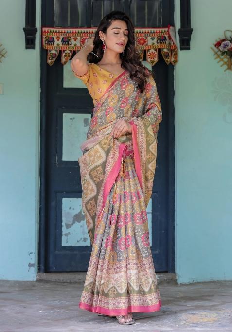 Multicolor Printed Cotton Saree Set