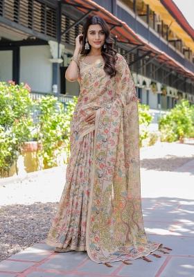 Ivory Printed Cotton Saree Set
