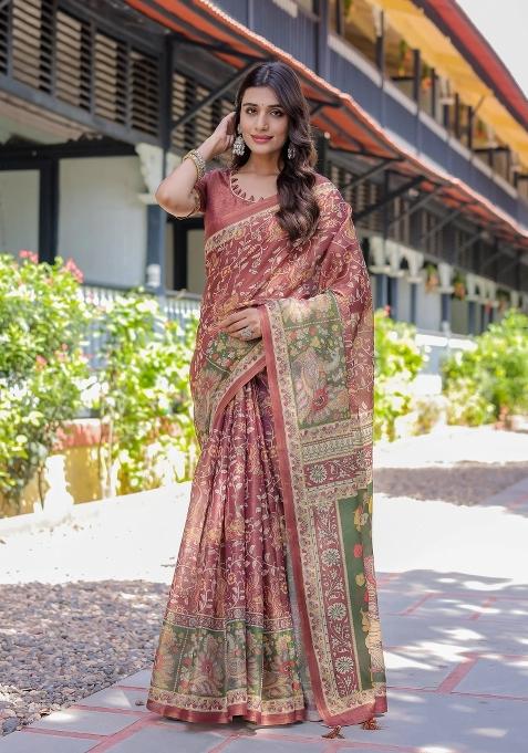 Maroon Printed Cotton Saree Set