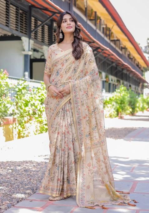 Ivory Printed Cotton Saree Set